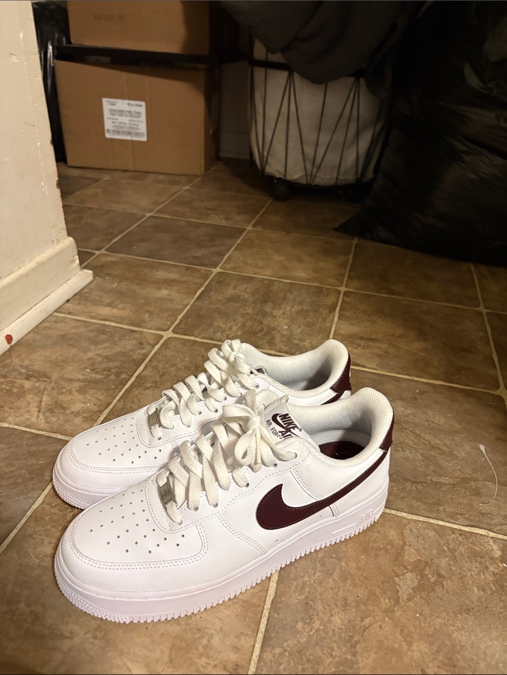 Nike White Air Force 1 with Maroon Swoosh
